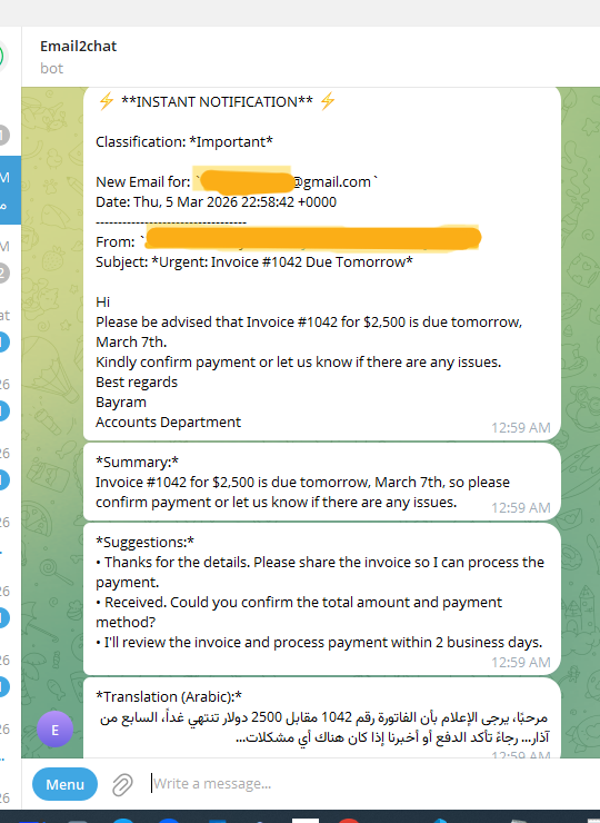 Email2Chat Telegram notification showing AI summary, reply suggestions and Arabic translation