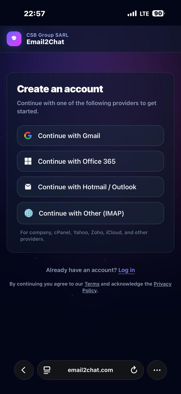 Email2Chat signup - choose email provider